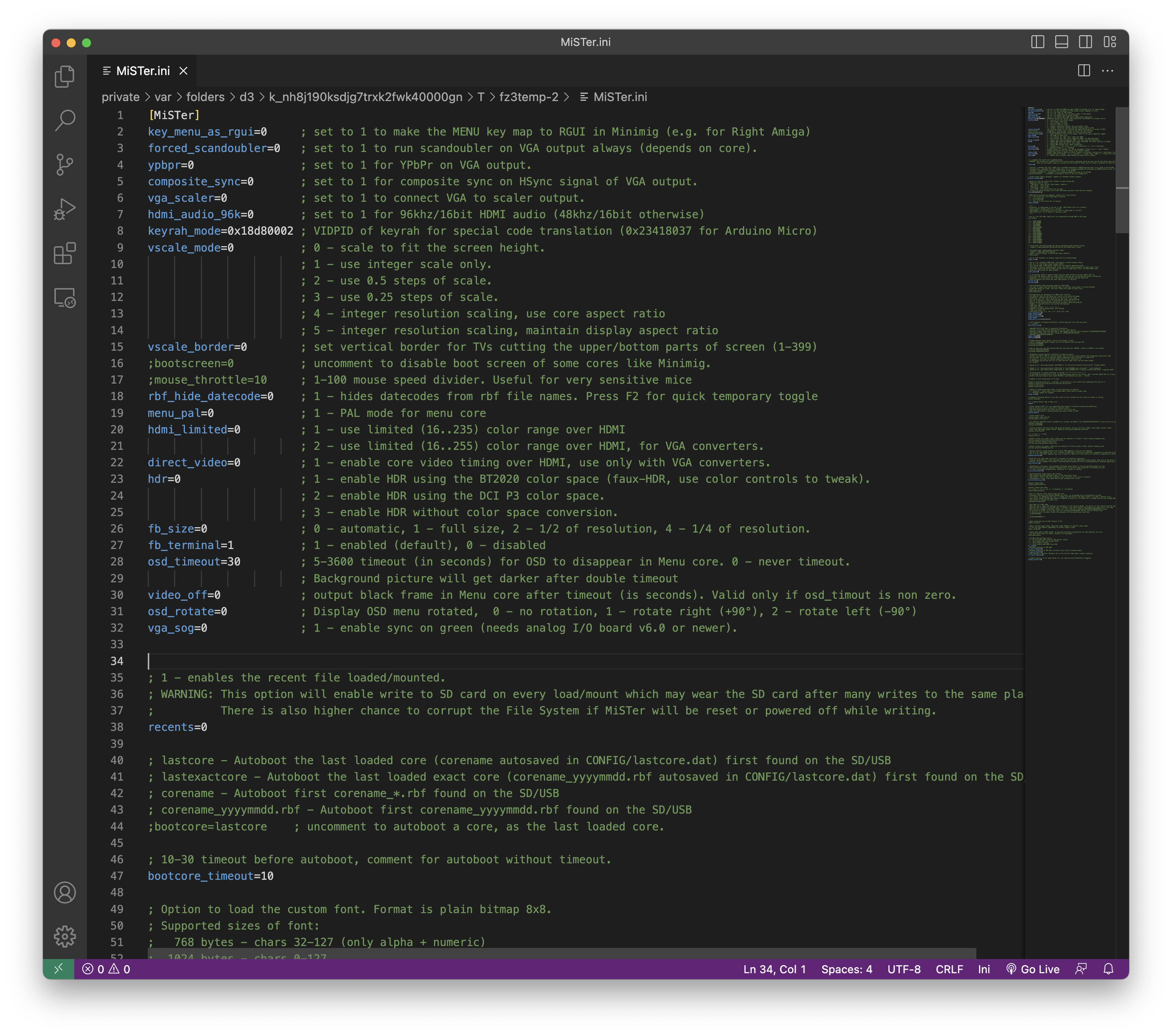 Visual Studio Code remote MiSTer INI editing